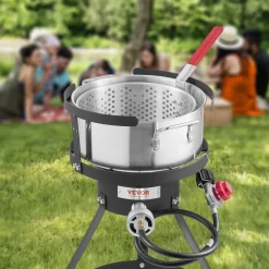 VEVOR 10 Qt Fish and Wing Fryer, Aluminum Propane Fish Fryer Kit, Outdoor Deep Fryer Seafood Pot with Thermometer, Strainer Basket, and 54,000 BTUs Propane Burners, for Outdoor and Backyard Cooking