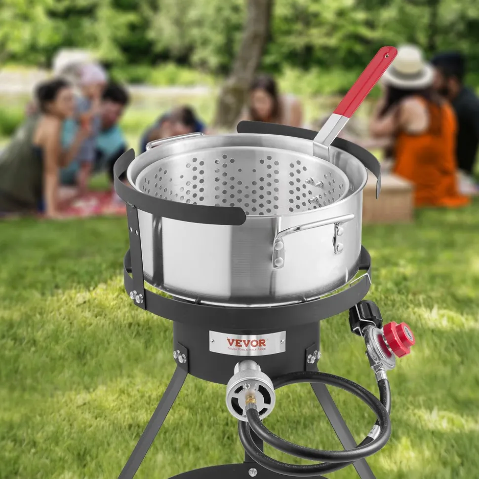 VEVOR 10 Qt Fish and Wing Fryer, Aluminum Propane Fish Fryer Kit, Outdoor Deep Fryer Seafood Pot with Thermometer, Strainer Basket, and 54,000 BTUs Propane Burners, for Outdoor and Backyard Cooking