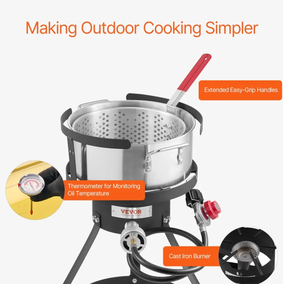 VEVOR 10 Qt Fish and Wing Fryer, Aluminum Propane Fish Fryer Kit, Outdoor Deep Fryer Seafood Pot with Thermometer, Strainer Basket, and 54,000 BTUs Propane Burners, for Outdoor and Backyard Cooking
