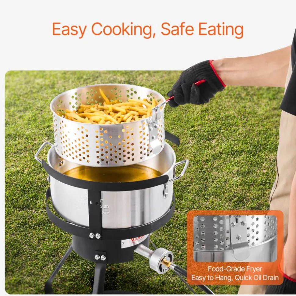 VEVOR 10 Qt Fish and Wing Fryer, Aluminum Propane Fish Fryer Kit, Outdoor Deep Fryer Seafood Pot with Thermometer, Strainer Basket, and 54,000 BTUs Propane Burners, for Outdoor and Backyard Cooking