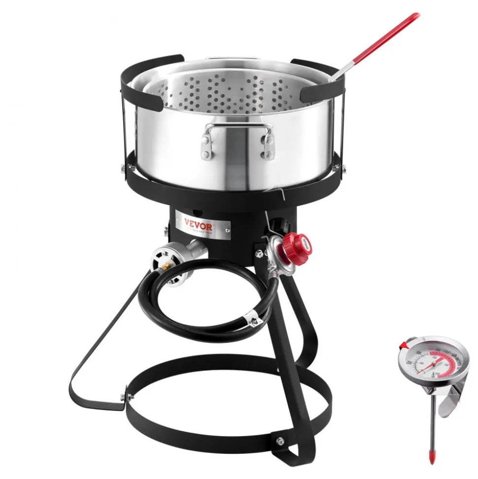 VEVOR 10 Qt Fish and Wing Fryer, Aluminum Propane Fish Fryer Kit, Outdoor Deep Fryer Seafood Pot with Thermometer, Strainer Basket, and 54,000 BTUs Propane Burners, for Outdoor and Backyard Cooking