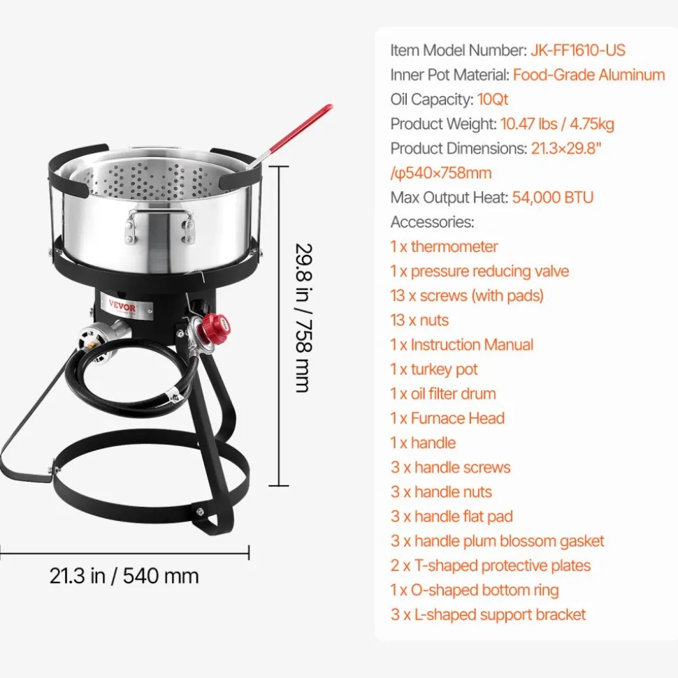 VEVOR 10 Qt Fish and Wing Fryer, Aluminum Propane Fish Fryer Kit, Outdoor Deep Fryer Seafood Pot with Thermometer, Strainer Basket, and 54,000 BTUs Propane Burners, for Outdoor and Backyard Cooking