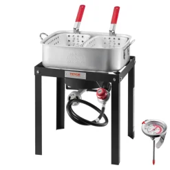 VEVOR 18 Qt Fish and Wing Fryer with Double Basket, Aluminum Propane Fish Fryer Kit, Outdoor Deep Fryer Seafood Pot with Thermometer and 58,000 BTUs Propane Burners, for Outdoor and Backyard Cooking