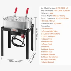 VEVOR 18 Qt Fish and Wing Fryer with Double Basket, Aluminum Propane Fish Fryer Kit, Outdoor Deep Fryer Seafood Pot with Thermometer and 58,000 BTUs Propane Burners, for Outdoor and Backyard Cooking