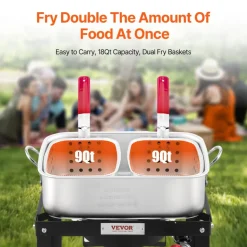 VEVOR 18 Qt Fish and Wing Fryer with Double Basket, Aluminum Propane Fish Fryer Kit, Outdoor Deep Fryer Seafood Pot with Thermometer and 58,000 BTUs Propane Burners, for Outdoor and Backyard Cooking