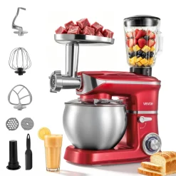VEVOR 6.3 Qt 3-in-1 Tilt Head Stand Mixer 400W Electric Dough Mixer, Multifunctional Food Kitchen Mixer with Stainless Steel Bowl, Meat Grinder and Blender Attachments, Dough Hook, Whisk, Beater