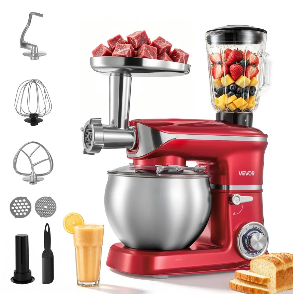 VEVOR 6.3 Qt 3-in-1 Tilt Head Stand Mixer 400W Electric Dough Mixer, Multifunctional Food Kitchen Mixer with Stainless Steel Bowl, Meat Grinder and Blender Attachments, Dough Hook, Whisk, Beater