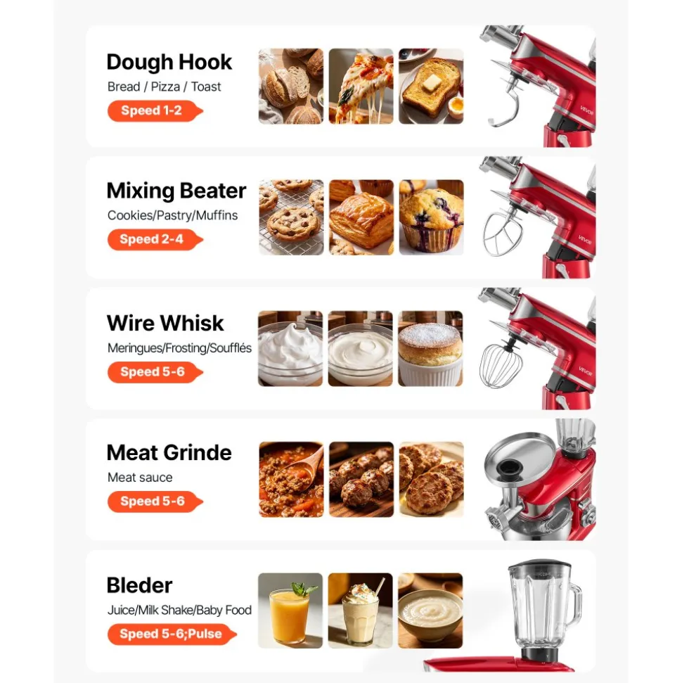 VEVOR 6.3 Qt 3-in-1 Tilt Head Stand Mixer 400W Electric Dough Mixer, Multifunctional Food Kitchen Mixer with Stainless Steel Bowl, Meat Grinder and Blender Attachments, Dough Hook, Whisk, Beater