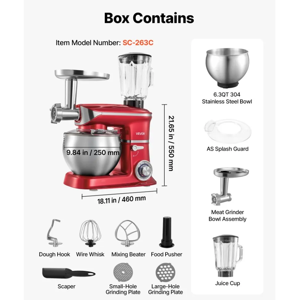 VEVOR 6.3 Qt 3-in-1 Tilt Head Stand Mixer 400W Electric Dough Mixer, Multifunctional Food Kitchen Mixer with Stainless Steel Bowl, Meat Grinder and Blender Attachments, Dough Hook, Whisk, Beater