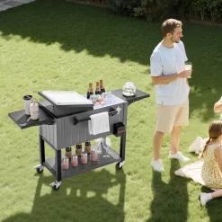 VEVOR 80QT Rolling Ice Chest, Holds up to 50 Bottles / 110 Cans, Portable Patio Party Bar Drink Cooler Cart with Bottom Shelf & Foldable Side Shelves, Beverage Pool with Swivel Wheels & Bottle Opener