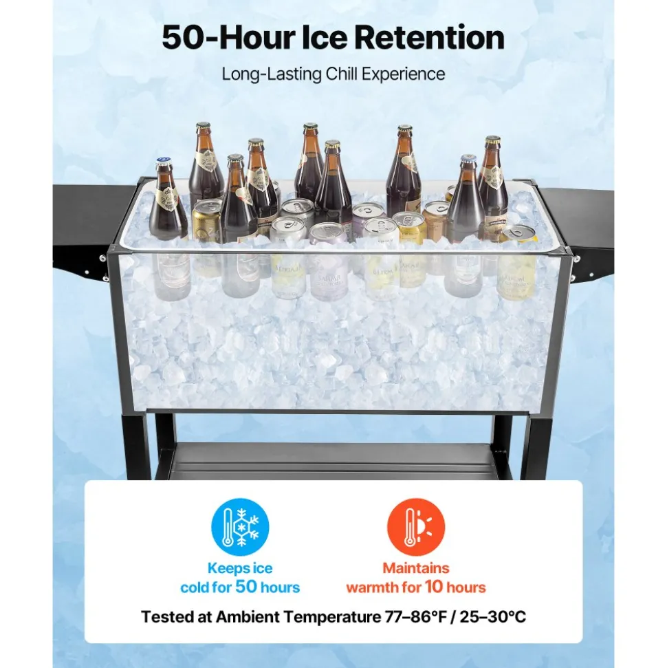 VEVOR 80QT Rolling Ice Chest, Holds up to 50 Bottles / 110 Cans, Portable Patio Party Bar Drink Cooler Cart with Bottom Shelf & Foldable Side Shelves, Beverage Pool with Swivel Wheels & Bottle Opener