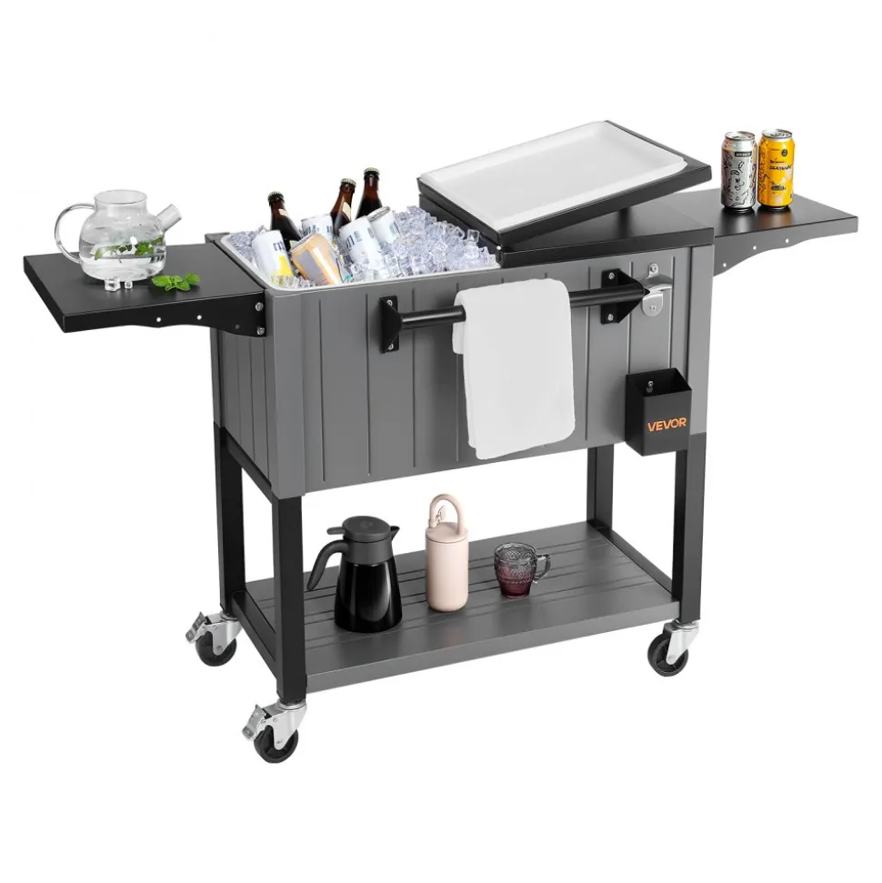 VEVOR 80QT Rolling Ice Chest, Holds up to 50 Bottles / 110 Cans, Portable Patio Party Bar Drink Cooler Cart with Bottom Shelf & Foldable Side Shelves, Beverage Pool with Swivel Wheels & Bottle Opener
