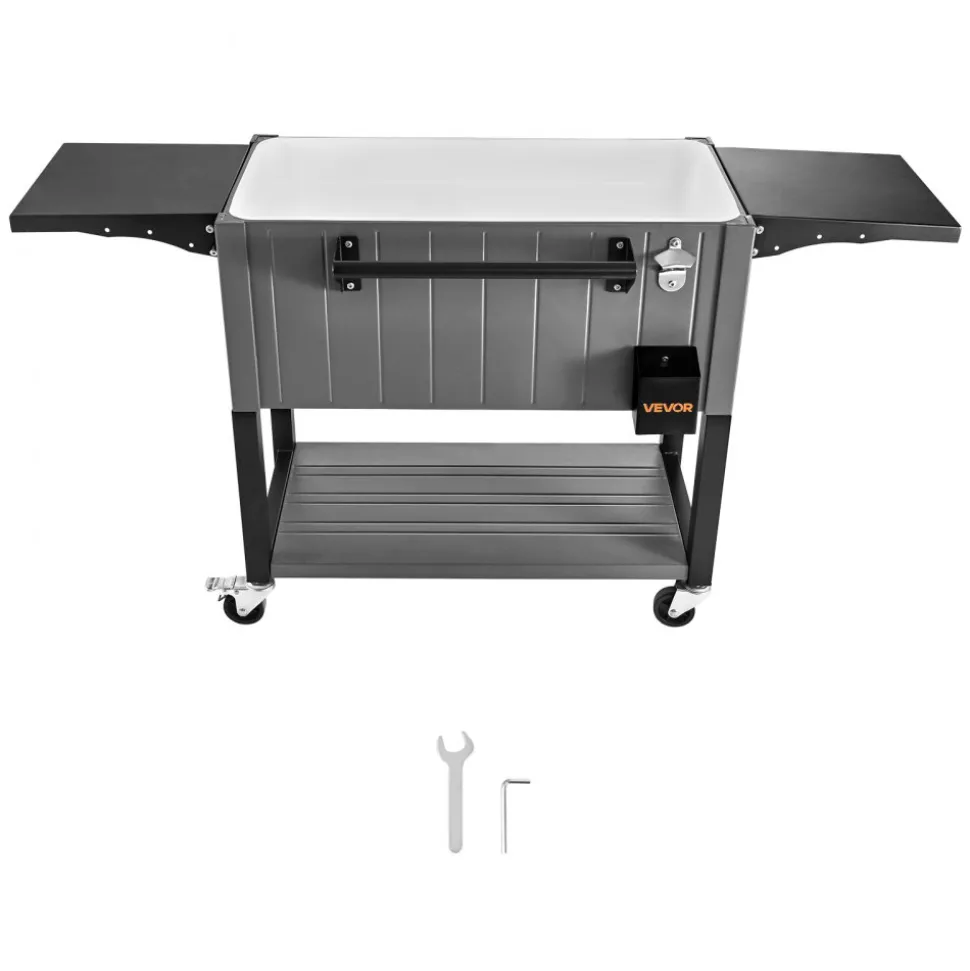 VEVOR 80QT Rolling Ice Chest, Holds up to 50 Bottles / 110 Cans, Portable Patio Party Bar Drink Cooler Cart with Bottom Shelf & Foldable Side Shelves, Beverage Pool with Swivel Wheels & Bottle Opener