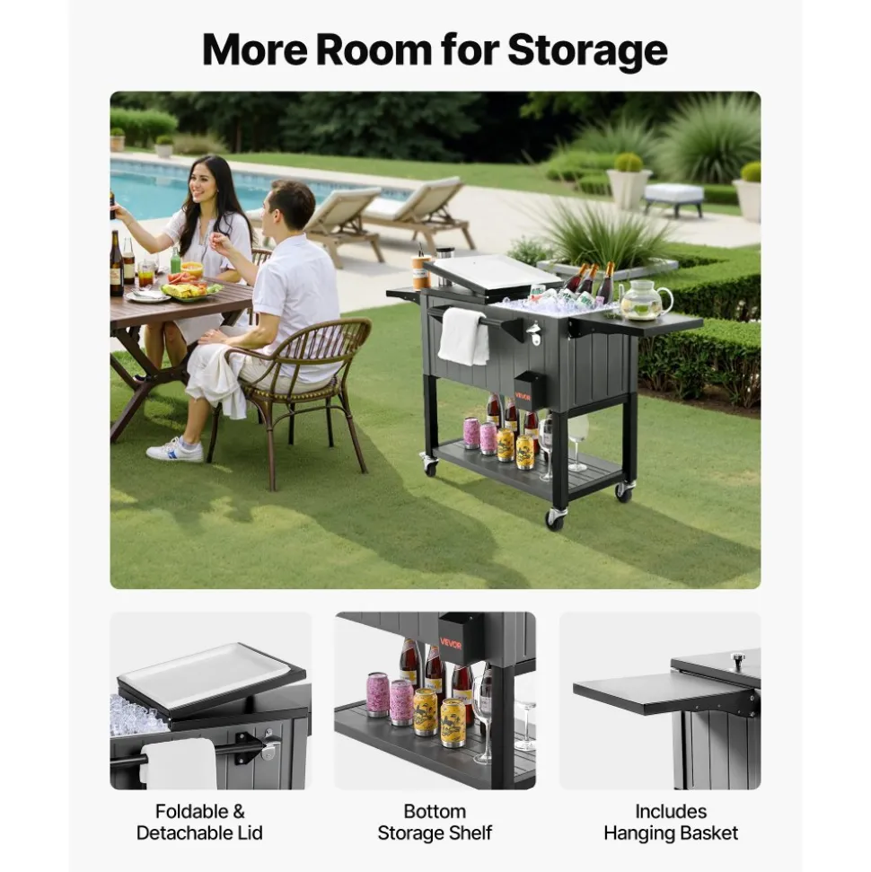 VEVOR 80QT Rolling Ice Chest, Holds up to 50 Bottles / 110 Cans, Portable Patio Party Bar Drink Cooler Cart with Bottom Shelf & Foldable Side Shelves, Beverage Pool with Swivel Wheels & Bottle Opener