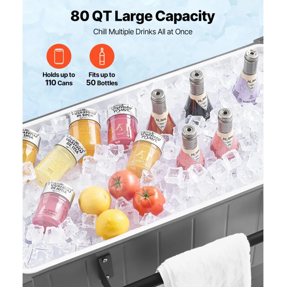 VEVOR 80QT Rolling Ice Chest, Holds up to 50 Bottles / 110 Cans, Portable Patio Party Bar Drink Cooler Cart with Bottom Shelf & Foldable Side Shelves, Beverage Pool with Swivel Wheels & Bottle Opener