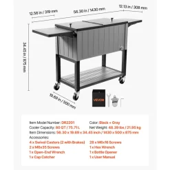 VEVOR 80QT Rolling Ice Chest, Holds up to 50 Bottles / 110 Cans, Portable Patio Party Bar Drink Cooler Cart with Bottom Shelf & Foldable Side Shelves, Beverage Pool with Swivel Wheels & Bottle Opener