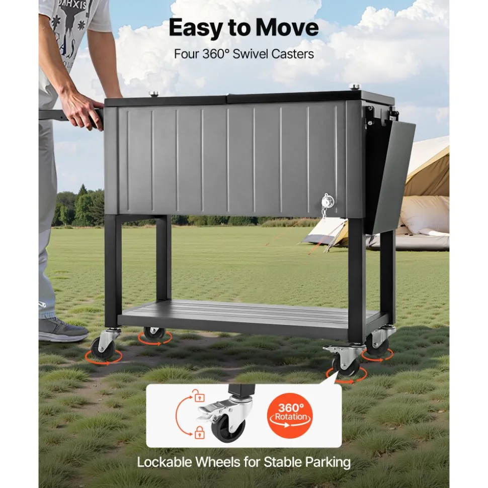 VEVOR 80QT Rolling Ice Chest, Holds up to 50 Bottles / 110 Cans, Portable Patio Party Bar Drink Cooler Cart with Bottom Shelf & Foldable Side Shelves, Beverage Pool with Swivel Wheels & Bottle Opener