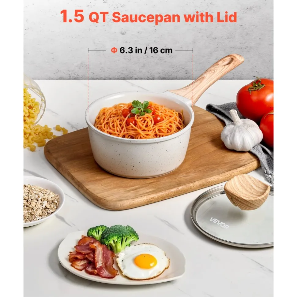 VEVOR 1.5 QT Saucepan, Nonstick Saucepan with Tempered Glass Lid, Multipurpose Cooking Sauce Pot with Detachable Handle, Sauce Pan Small Kitchen Cooking Pot with Coating, Induction Compatible, White