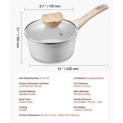 VEVOR 1.5 QT Saucepan, Nonstick Saucepan with Tempered Glass Lid, Multipurpose Cooking Sauce Pot with Detachable Handle, Sauce Pan Small Kitchen Cooking Pot with Coating, Induction Compatible, White