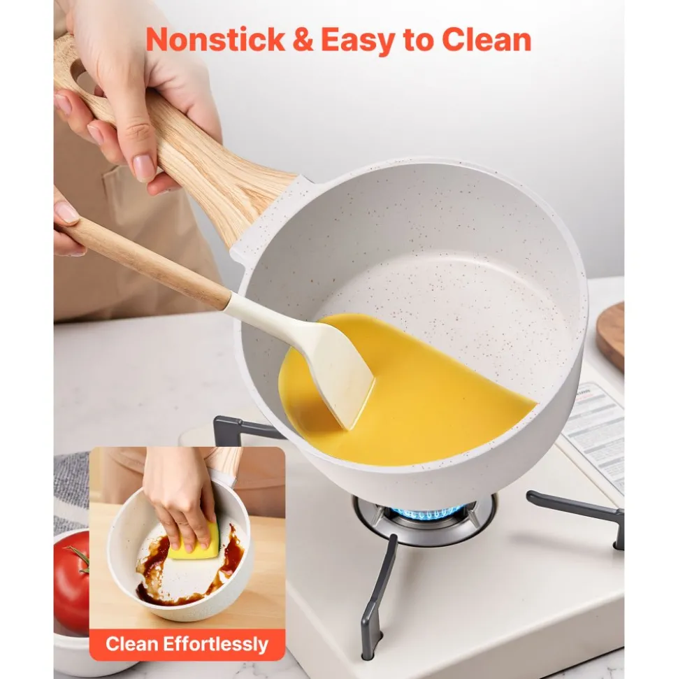VEVOR 1.5 QT Saucepan, Nonstick Saucepan with Tempered Glass Lid, Multipurpose Cooking Sauce Pot with Detachable Handle, Sauce Pan Small Kitchen Cooking Pot with Coating, Induction Compatible, White