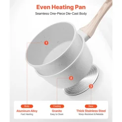 VEVOR 1.5 QT Saucepan, Nonstick Saucepan with Tempered Glass Lid, Multipurpose Cooking Sauce Pot with Detachable Handle, Sauce Pan Small Kitchen Cooking Pot with Coating, Induction Compatible, White