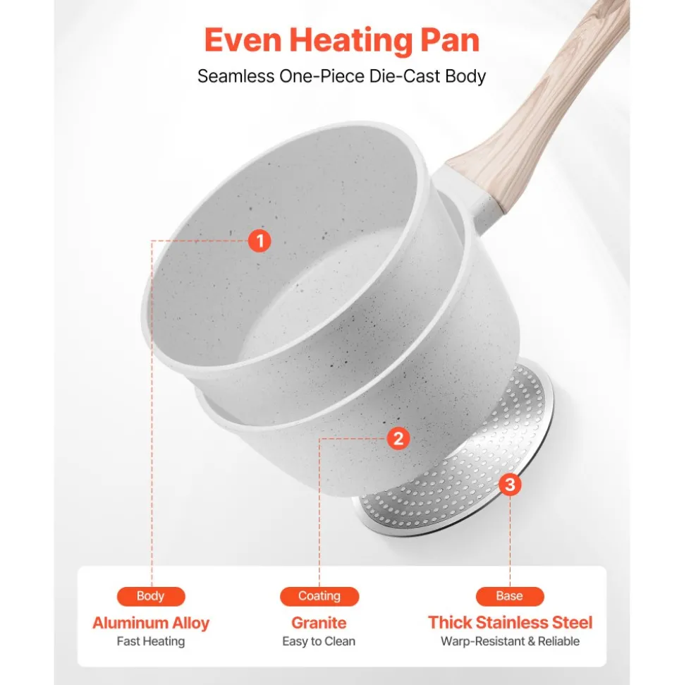 VEVOR 1.5 QT Saucepan, Nonstick Saucepan with Tempered Glass Lid, Multipurpose Cooking Sauce Pot with Detachable Handle, Sauce Pan Small Kitchen Cooking Pot with Coating, Induction Compatible, White