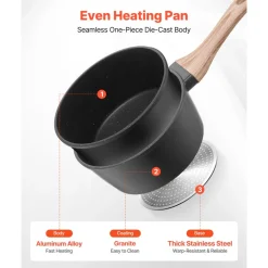 VEVOR 1.5 QT Saucepan, Nonstick Saucepan with Tempered Glass Lid, Multipurpose Cooking Sauce Pot with Detachable Handle, Sauce Pan Small Kitchen Cooking Pot with Coating, Induction Compatible, Black