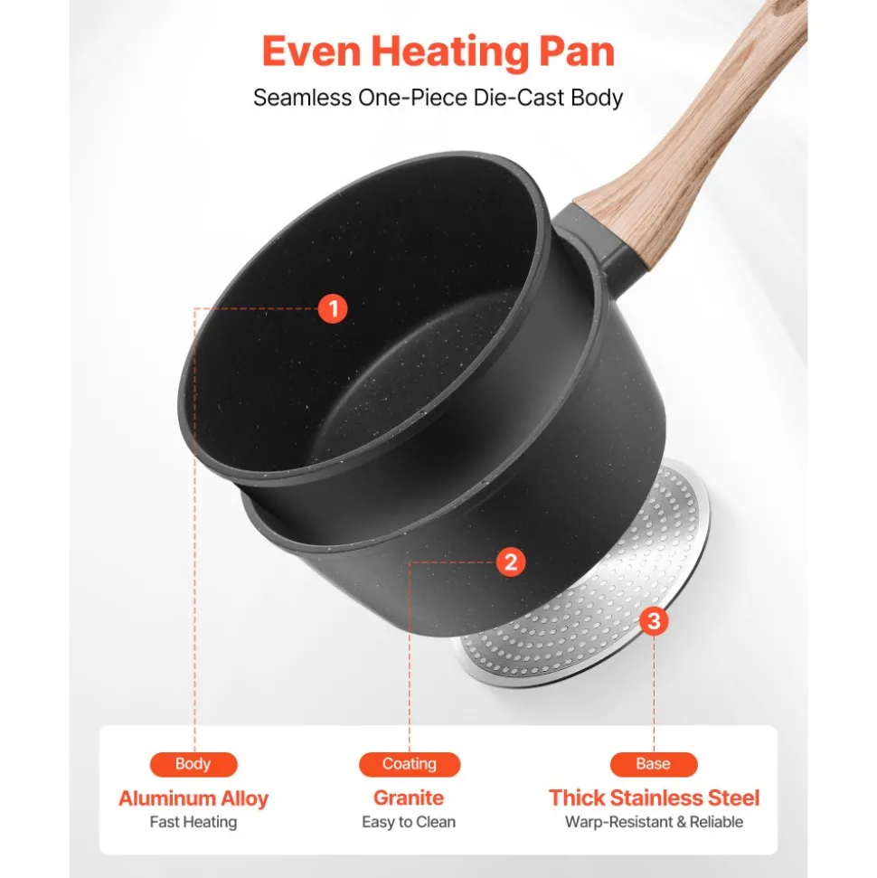 VEVOR 1.5 QT Saucepan, Nonstick Saucepan with Tempered Glass Lid, Multipurpose Cooking Sauce Pot with Detachable Handle, Sauce Pan Small Kitchen Cooking Pot with Coating, Induction Compatible, Black