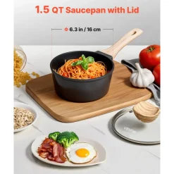 VEVOR 1.5 QT Saucepan, Nonstick Saucepan with Tempered Glass Lid, Multipurpose Cooking Sauce Pot with Detachable Handle, Sauce Pan Small Kitchen Cooking Pot with Coating, Induction Compatible, Black
