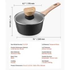 VEVOR 1.5 QT Saucepan, Nonstick Saucepan with Tempered Glass Lid, Multipurpose Cooking Sauce Pot with Detachable Handle, Sauce Pan Small Kitchen Cooking Pot with Coating, Induction Compatible, Black
