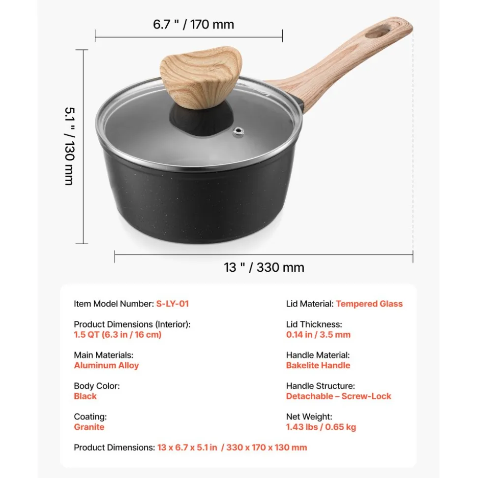 VEVOR 1.5 QT Saucepan, Nonstick Saucepan with Tempered Glass Lid, Multipurpose Cooking Sauce Pot with Detachable Handle, Sauce Pan Small Kitchen Cooking Pot with Coating, Induction Compatible, Black