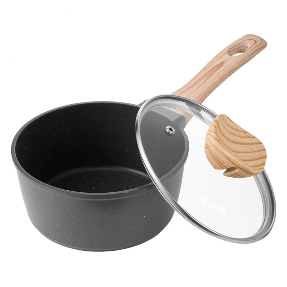 VEVOR 1.5 QT Saucepan, Nonstick Saucepan with Tempered Glass Lid, Multipurpose Cooking Sauce Pot with Detachable Handle, Sauce Pan Small Kitchen Cooking Pot with Coating, Induction Compatible, Black