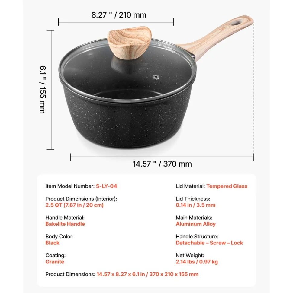 VEVOR 2.5 QT Saucepan, Nonstick Saucepan with Tempered Glass Lid, Multipurpose Cooking Sauce Pot with Detachable Handle, Sauce Pan Small Kitchen Cooking Pot with Coating, Induction Compatible, Black