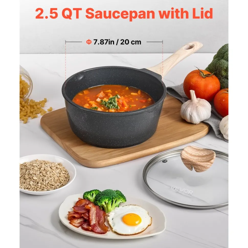 VEVOR 2.5 QT Saucepan, Nonstick Saucepan with Tempered Glass Lid, Multipurpose Cooking Sauce Pot with Detachable Handle, Sauce Pan Small Kitchen Cooking Pot with Coating, Induction Compatible, Black
