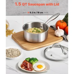 VEVOR 1.5 QT Saucepan, Stainless Steel Saucepan with Glass Lid, Multipurpose Nonstick Stainless Steel Small Cooking Sauce Pot with Ergonomic Handle, Friendly for Oven, Dishwasher, Induction Cooker