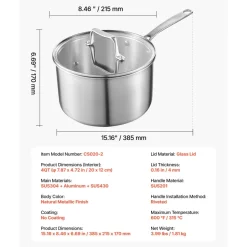VEVOR 4 QT Saucepan, Stainless Steel Saucepan with Glass Lid, Multipurpose Nonstick Stainless Steel Small Cooking Sauce Pot with Ergonomic Handle, Friendly for Oven, Dishwasher, Induction Cooker