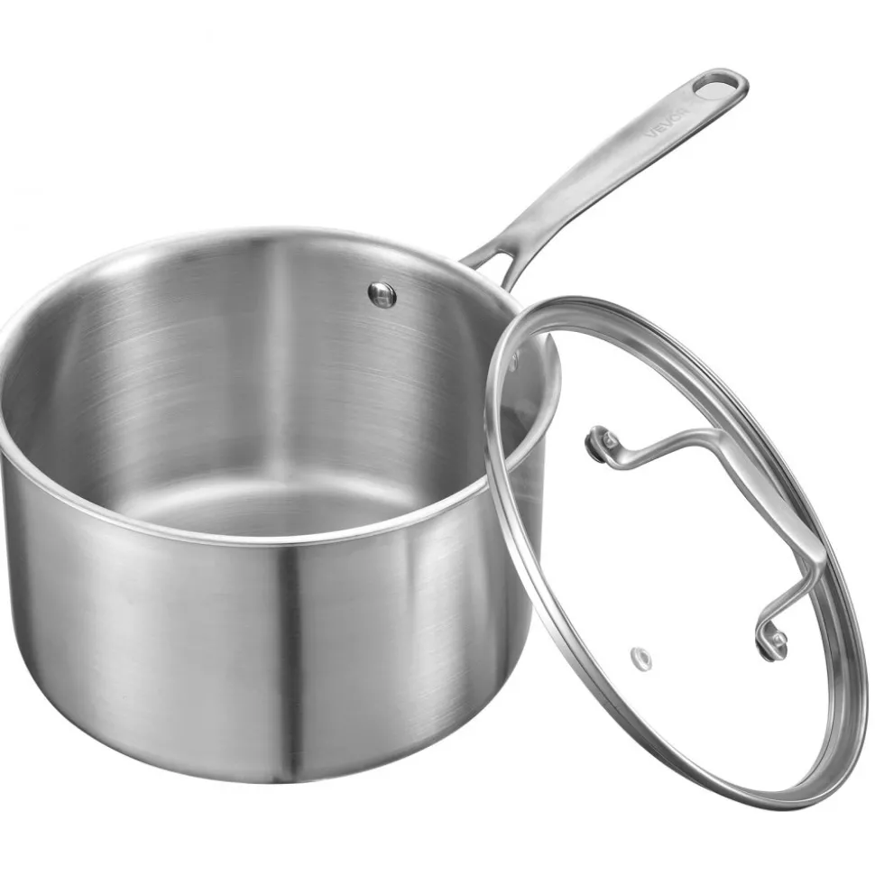 VEVOR 4 QT Saucepan, Stainless Steel Saucepan with Glass Lid, Multipurpose Nonstick Stainless Steel Small Cooking Sauce Pot with Ergonomic Handle, Friendly for Oven, Dishwasher, Induction Cooker