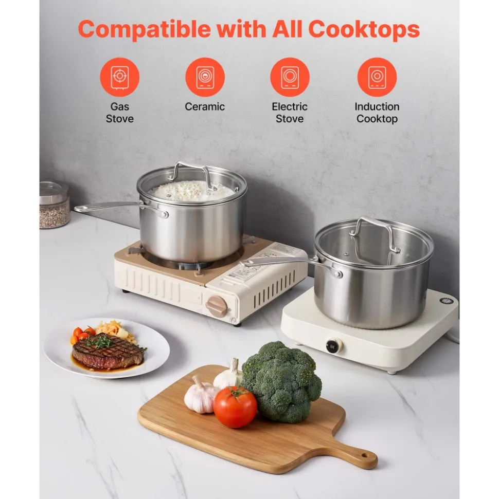 VEVOR 4 QT Saucepan, Stainless Steel Saucepan with Glass Lid, Multipurpose Nonstick Stainless Steel Small Cooking Sauce Pot with Ergonomic Handle, Friendly for Oven, Dishwasher, Induction Cooker