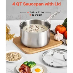VEVOR 4 QT Saucepan, Stainless Steel Saucepan with Glass Lid, Multipurpose Nonstick Stainless Steel Small Cooking Sauce Pot with Ergonomic Handle, Friendly for Oven, Dishwasher, Induction Cooker