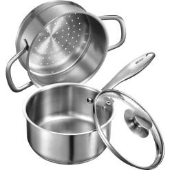 VEVOR 1.5 QT Saucepan with Steamer, Stainless Steel Saucepan with Glass Lid, Multipurpose Nonstick Stainless Steel Sauce Pot with Ergonomic Handle, Friendly for Oven, Dishwasher, Induction Cooker