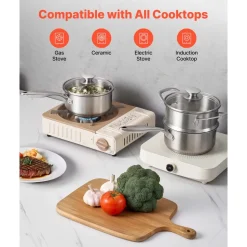 VEVOR 1.5 QT Saucepan with Steamer, Stainless Steel Saucepan with Glass Lid, Multipurpose Nonstick Stainless Steel Sauce Pot with Ergonomic Handle, Friendly for Oven, Dishwasher, Induction Cooker