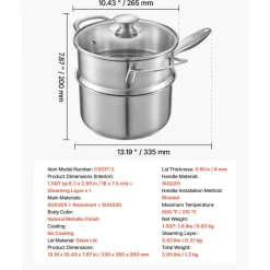 VEVOR 1.5 QT Saucepan with Steamer, Stainless Steel Saucepan with Glass Lid, Multipurpose Nonstick Stainless Steel Sauce Pot with Ergonomic Handle, Friendly for Oven, Dishwasher, Induction Cooker