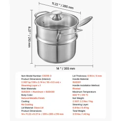 VEVOR 2.5 QT Saucepan with Steamer, Stainless Steel Saucepan with Glass Lid, Multipurpose Nonstick Stainless Steel Sauce Pot with Ergonomic Handle, Friendly for Oven, Dishwasher, Induction Cooker