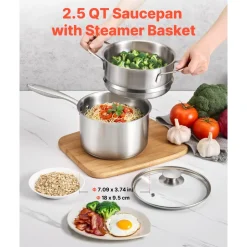 VEVOR 2.5 QT Saucepan with Steamer, Stainless Steel Saucepan with Glass Lid, Multipurpose Nonstick Stainless Steel Sauce Pot with Ergonomic Handle, Friendly for Oven, Dishwasher, Induction Cooker