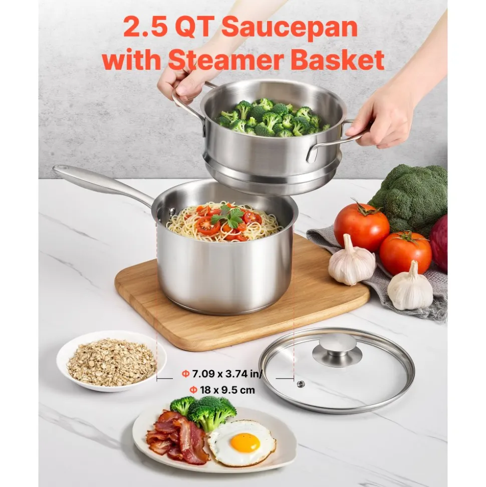 VEVOR 2.5 QT Saucepan with Steamer, Stainless Steel Saucepan with Glass Lid, Multipurpose Nonstick Stainless Steel Sauce Pot with Ergonomic Handle, Friendly for Oven, Dishwasher, Induction Cooker