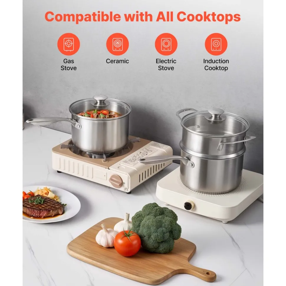 VEVOR 2.5 QT Saucepan with Steamer, Stainless Steel Saucepan with Glass Lid, Multipurpose Nonstick Stainless Steel Sauce Pot with Ergonomic Handle, Friendly for Oven, Dishwasher, Induction Cooker