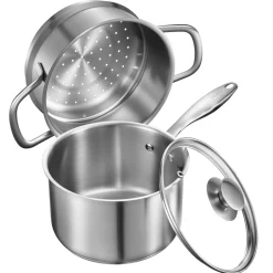 VEVOR 2.5 QT Saucepan with Steamer, Stainless Steel Saucepan with Glass Lid, Multipurpose Nonstick Stainless Steel Sauce Pot with Ergonomic Handle, Friendly for Oven, Dishwasher, Induction Cooker