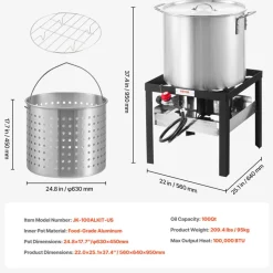 VEVOR 100 Qt Seafood Boiling Kit with Strainer, Outdoor Seafood Boil Pot and Basket, Cooking Set for Crab Crawfish Lobster Boiling, Aluminum Stockpot with 100,000 BTUs Propane Burner and Steamer Rack