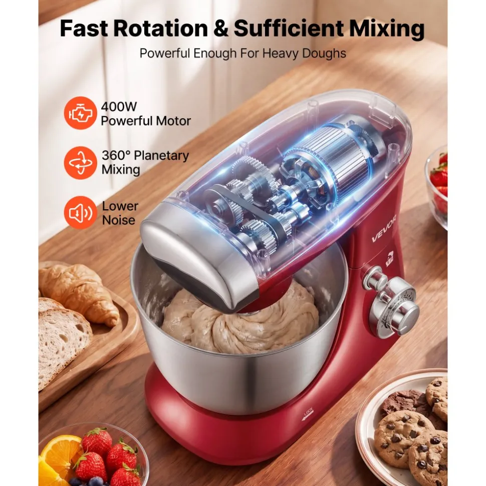 VEVOR 4.2 Qt Tilt Head Stand Mixer 400W Electric Dough Mixer, 6 Speeds Food Kitchen Mixer with Stainless Steel Bowl, Splash Guard, Dough Hook, Whisk, Beater, for Baking Mixing Whipping
