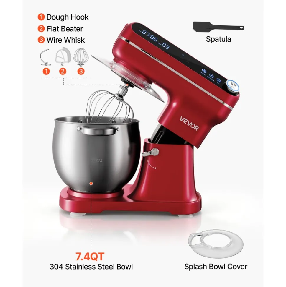 VEVOR 7.4 Qt Tilt Head Stand Mixer 500W Electric Dough Mixer, 12 Speeds Food Kitchen Mixer with Stainless Steel Bowl, Splash Guard, Dough Hook, Whisk, Beater, for Baking Mixing